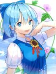  1girl :d arm_up bangs blue_bow blue_dress blue_eyes blue_hair bow breasts cirno collared_shirt commentary_request dress flower hair_between_eyes hair_bow highres holding_collar hot ice ice_wings looking_at_viewer nyanaya open_mouth plant puffy_short_sleeves puffy_sleeves red_neckwear red_ribbon ribbon shirt short_sleeves small_breasts smile solo sparkle sunflower sweatdrop touhou upper_body vines wing_collar wings 