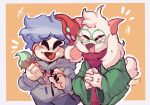  2boys alternate_universe artistgmer black_nails blue_hair boyfriend_(friday_night_funkin&#039;) crossover deltarune english_commentary eyes_closed friday_night_funkin&#039; friday_night_funkin&#039;_soft fur glasses happy hoodie horns male_focus multiple_boys nail_polish open_mouth orange_background paintbrush ralsei simple_background smile white_fur 