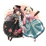  2girls ;d ahoge bangs black_bow black_hakama black_headwear blonde_hair blue_hakama boots bow brown_footwear brown_hair closed_mouth cross-laced_footwear eyebrows_visible_through_hair family_crest fate/grand_order fate_(series) green_eyes hagoita hair_between_eyes hair_bow hakama hakama_skirt hand_on_headwear hand_up hat highres holding_hands interlocked_fingers japanese_clothes kimono koha-ace lace-up_boots long_hair long_sleeves looking_at_viewer motoi_ayumu multiple_girls oda_nobunaga_(fate) oda_nobunaga_(koha/ace) oda_uri okita_souji_(fate) okita_souji_(koha/ace) one_eye_closed open_mouth paddle peaked_cap pink_kimono red_eyes skirt sleeves_past_wrists smile socks striped striped_kimono tabi very_long_hair white_legwear wide_sleeves zouri 