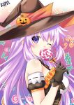  1girl ;) absurdres adult_neptune alternate_costume bare_shoulders breasts brown_gloves candy covering_mouth detached_sleeves food from_side gloves halloween halloween_costume hand_up happy hat highres lewdkuma lollipop long_hair looking_at_viewer looking_to_the_side medium_breasts neptune_(series) one_eye_closed pumpkin_hat_ornament purple_hair smile solo sweets upper_body very_long_hair violet_eyes witch_hat 