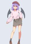  1girl :3 absurdres bat_wings brown_headwear brown_skirt casual contrapposto fang full_body grey_background hair_between_eyes hand_on_hip hat highres medium_hair purple_hair red_eyes remilia_scarlet skirt sleeves_past_wrists solo suwaneko touhou v-shaped_eyebrows wings 