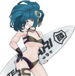  blue_eyes blue_hair breasts cowboy_shot fingerless_gloves gloves hair_ornament highres ikari_hime large_breasts leona_heidern long_hair muscular muscular_female navel senran_kagura senran_kagura_new_link snk surfboard the_king_of_fighters thigh_strap two-tone_bikini white_background 