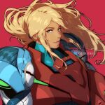  1girl arm_cannon armor bangs blonde_hair blue_eyes glowing long_hair looking_at_viewer metroid metroid_dread mole mole_under_mouth ponytail power_armor reza_kabir samus_aran science_fiction sidelocks simple_background smile solo upper_body varia_suit weapon 