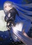  1girl armor black_gloves dutch_angle from_below full_moon gloves highres holding holding_sword holding_weapon katana long_hair looking_at_viewer makai_no_juumin moon night original petals shoulder_armor silver_hair solo sword weapon wind yellow_eyes 