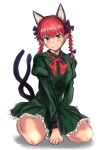  1girl absurdres animal_ear_fluff animal_ears bangs black_bow blush bow braid breasts cat_ears cat_tail commentary_request dress extra_ears eyebrows_visible_through_hair full_body green_dress hair_bow hair_ribbon highres juliet_sleeves kaenbyou_rin long_hair long_sleeves looking_at_viewer medium_breasts multiple_tails nekomata petticoat pointy_ears puffy_sleeves red_eyes red_neckwear red_ribbon redhead ribbon seiza sen_(daydream_53) shadow simple_background sitting smile solo tail touhou tress_ribbon twin_braids twintails two_tails white_background 