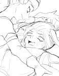  2girls apex_legends bangs breasts detached_sleeves fangs greyscale hair_bun headband highres holding_hands lifeline_(apex_legends) looking_down looking_up lying medium_breasts monochrome multiple_girls niyamu nose_piercing on_bed open_mouth parted_bangs piercing pillow scared sketch smile sweat sweating_profusely wraith_(apex_legends) yuri 