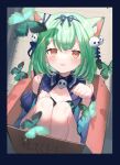  1girl animal_ear_fluff animal_ears bangs blue_bow blue_dress blush bow bow_hairband box bug butterfly cat_ears commentary_request dress eyebrows_visible_through_hair ghost_earrings green_butterfly green_eyes hair_ornament hairband highres hololive in_box in_container knees_up looking_at_viewer parted_lips paw_pose red_eyes siohanabi sitting skull_hair_ornament smile solo translation_request uruha_rushia virtual_youtuber 