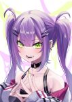  1girl bangs bare_shoulders black_choker bob-the-bison choker collarbone demon_girl ear_piercing eyebrows_visible_through_hair fang fingers_together green_eyes hair_ornament hairclip hands_up highres hololive long_hair looking_at_viewer o-ring o-ring_choker parted_lips piercing pointy_ears purple_hair sidelocks smile solo teeth tokoyami_towa twintails virtual_youtuber 