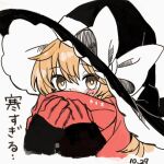  1girl blonde_hair blush bow covered_mouth frills gloves hat hat_bow kirisame_marisa long_hair red_neckwear red_scarf scarf simple_background solo touhou white_background white_bow winter_clothes witch_hat yellow_eyes you_taira 
