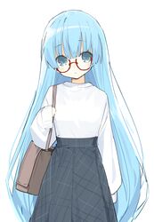  1girl absurdres alternate_costume bag blue_eyes blue_hair blush buran_buta closed_mouth commentary_request cowboy_shot expressionless eyebrows_visible_through_hair glasses hair_between_eyes highres long_hair long_skirt looking_at_viewer neptune_(series) nishizawa_mina no_hat no_headwear shirt simple_background skirt solo white_background white_shirt 