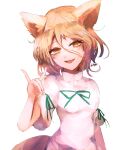  1girl animal_ears artist_name bangs blonde_hair blush bow breasts eyebrows_visible_through_hair fox_ears fox_tail green_bow hair_between_eyes hand_up highres hikage_(0hi_kageo) jumpsuit kudamaki_tsukasa looking_at_viewer medium_breasts one-hour_drawing_challenge open_mouth puffy_short_sleeves puffy_sleeves short_hair short_sleeves simple_background smile solo tail tongue touhou white_background white_jumpsuit white_sleeves yellow_eyes 