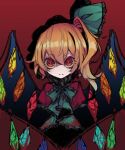  1girl bangs blonde_hair blood closed_mouth commentary_request crystal dated flandre_scarlet green_neckwear green_ribbon hair_ribbon highres looking_at_viewer neck_ribbon one-hour_drawing_challenge red_background red_eyes ribbon riyuu_(ryu328szhk) slit_pupils solo touhou twitter_username upper_body wings 