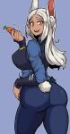  1girl absurdres animal_ear_fluff animal_ears ass blue_background blue_pants blue_shirt boku_no_hero_academia bulletproof_vest carrot cosplay dark_skin dinoyhs fangs from_side grin highres holding holding_pen judy_hopps judy_hopps_(cosplay) long_eyelashes long_hair looking_at_viewer looking_back mirko muscular muscular_female open_mouth pants pen police police_badge police_uniform policewoman rabbit_ears rabbit_girl rabbit_tail red_eyes shirt simple_background smile solo tail tail_through_clothes teeth thick_thighs thighs uniform upper_teeth walkie-talkie white_hair zootopia 