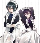  2boys alternate_costume apron bangs bespectacled black_dress black_hair blush brown_eyes crossdressing danganronpa_(series) danganronpa_v3:_killing_harmony dress enmaided fang glasses grin hair_between_eyes highres juliet_sleeves long_sleeves maid maid_headdress male_focus multiple_boys ouma_kokichi puffy_sleeves purple_hair purple_neckwear saihara_shuuichi simple_background smile sumika_(rrz03) v-shaped_eyebrows violet_eyes white_apron white_background 