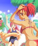  2girls arm_up armpits azpainter_(medium) bangs bikini blue_sky blue_swimsuit blush brown_eyes commentary_request cowboy_shot flower green_eyes high_ponytail highres innertube long_hair looking_at_viewer multiple_girls one-piece_swimsuit open_mouth original outdoors palm_tree pink_hair ponytail red_bikini red_flower redhead sakakura_(sariri) short_hair sky smile swimsuit tan tree yellow_flower 