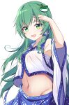  1girl :d bangs cowboy_shot detached_sleeves e.o. eyebrows_visible_through_hair frog_hair_ornament green_eyes green_hair hair_ornament hand_in_hair highres kochiya_sanae long_hair looking_at_viewer midriff navel open_mouth simple_background smile snake_hair_ornament solo sweatdrop touhou white_background wide_sleeves 