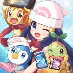  1girl :d bare_shoulders beanie black_shirt blue_background blue_eyes blue_hair blush chimchar hikari_(pokemon) hair_ornament hairclip handheld_game_console haru_(haruxxe) hat highres holding holding_handheld_game_console holding_pokemon light_particles long_hair looking_at_viewer nintendo_dsi nintendo_switch one_eye_closed open_mouth piplup poke_ball_symbol pokemon pokemon_(creature) pokemon_(game) pokemon_bdsp pokemon_dppt red_scarf scarf shirt smile sparkle turtleneck video_game white_headwear yellow_bag 