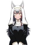  1girl admiralkukichi animal_ear_fluff animal_ears bangs black_hair closed_mouth crossed_bangs dated ears_through_headwear eyebrows_visible_through_hair flipped_hair habit hair_between_eyes hair_ornament hairclip highres hololive long_hair looking_at_viewer multicolored_hair nun ookami_mio redhead sidelocks signature simple_background smile solo streaked_hair very_long_hair virtual_youtuber white_background wide-eyed wolf_ears wolf_girl yellow_eyes 