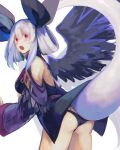  1girl alternate_color angel_wings ass bangs bare_legs bare_shoulders black_panties black_wings butt_crack detached_sleeves dizzy_(guilty_gear) eyebrows_visible_through_hair guilty_gear guilty_gear_xrd hair_between_eyes hair_ribbon hair_rings highres looking_at_viewer looking_back oeillet_vie open_mouth panties ribbon silver_hair simple_background solo tail underwear violet_eyes white_background wide_sleeves wings 