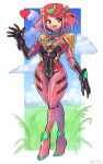  1girl alternate_costume bangs bodysuit breasts chest_jewel highres large_breasts oomasa_teikoku plugsuit pyra_(xenoblade) red_eyes redhead short_hair skin_tight solo swept_bangs xenoblade_chronicles_(series) xenoblade_chronicles_2 