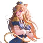  1girl absurdres animal_ear_fluff animal_ears ashe_redd_(artist) bangs blue_jacket bow crown english_commentary eyebrows_visible_through_hair floating_hair hazumi_aileen highres indie_virtual_youtuber jacket lion_ears lion_girl lion_tail long_hair looking_to_the_side military military_uniform open_mouth orange_bow puffy_sleeves smile solo tail uniform violet_eyes virtual_youtuber white_background 