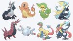  archeops aru_(citrine_drplt) blue_eyes brown_eyes charmander claws closed_mouth commentary_request fire flame greninja highres holding inteleon looking_back magnemite mightyena open_mouth pokemon pokemon_(creature) scolipede shuriken smile snivy squatting weapon 