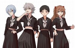  2boys 2girls alternate_costume ayanami_rei bangs black_hair black_sailor_collar black_serafuku black_skirt blue_eyes blue_hair blush brown_eyes brown_hair closed_mouth crossdressing dango_(uni_520) ear_piercing eyebrows_visible_through_hair eyepatch grey_hair hair_between_eyes ikari_shinji interface_headset long_hair long_sleeves multiple_boys multiple_girls nagisa_kaworu neon_genesis_evangelion parted_lips piercing pleated_skirt red_eyes sailor_collar school_uniform serafuku short_hair simple_background skirt souryuu_asuka_langley twitter_username white_neckwear 