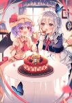  2girls animal apron ascot bat_wings blue_dress blue_eyes blush bow braid bug butterfly cake dress eyebrows_visible_through_hair fingernails food fruit hair_between_eyes hair_bow hat highres holding holding_spoon izayoi_sakuya kirero maid_apron maid_headdress mob_cap multiple_girls nail_polish open_mouth picture_(object) pink_dress pink_headwear pointy_ears puffy_short_sleeves puffy_sleeves purple_hair red_bow red_eyes red_nails red_neckwear remilia_scarlet short_hair short_sleeves silver_hair smile spoon strawberry touhou twin_braids white_apron window wings 