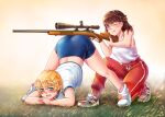  2girls aiming all_fours anh_thuy ass blonde_hair bloomers blue_eyes blush bob_cut bolt_action brown_hair buruma butt_crack darun_khanchanusthiti embarrassed flexible glasses grass gun gym_uniform heike_grislawski highres holding holding_gun holding_weapon jack-o&#039;_challenge kneeling long_hair loose_socks multiple_girls one_eye_closed open_mouth original pants red_pants rifle scope shiny shiny_hair shiny_skin shoes short_hair shy smile sneakers sniper_rifle sniper_scope socks spread_legs stretch sweat tank_top thighs track_pants underwear violet_eyes weapon wide_spread_legs 