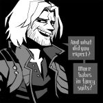  1boy bangs beard black_background crossover devil_may_cry_(series) english_text facial_hair greyscale half-closed_eyes helltaker jacket male_focus monochrome parted_bangs shirt simple_background solo speech_bubble teeth upper_body upper_teeth vanripper 
