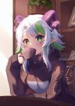  1girl ardenlolo artist_name bangs black_choker black_hoodie blush bsapricot_(vtuber) choker cup demon_horns drinking ear_piercing english_commentary eyebrows_visible_through_hair facial_mark green_eyes green_hair hair_ornament hand_up holding holding_cup hood hood_down hoodie horns long_sleeves looking_at_viewer mixed-language_commentary multicolored_hair multiple_horns piercing plant pointy_ears potted_plant silver_hair sleeves_past_wrists solo teacup twitter_username two-tone_hair virtual_youtuber vshojo 