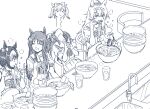  4girls agnes_digital_(umamusume) animal_ears bow bowl bowl_stack bowtie braid chopsticks closed_eyes eating food food_in_mouth giving_up_the_ghost grass_wonder_(umamusume) greyscale head_back holding holding_chopsticks horse_ears horse_girl horseshoe_ornament interlocked_fingers long_hair monochrome multicolored_hair multiple_girls noodles oguri_cap_(umamusume) open_mouth puffy_short_sleeves puffy_sleeves ramen sailor_collar sailor_shirt school_uniform serafuku shirt short_hair short_sleeves sink special_week_(umamusume) summer_uniform table taguchi_kenji_(omaep) tracen_school_uniform umamusume 