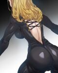  1girl ass black_bodysuit blonde_hair bodysuit bow_(bhp) breasts cowboy_shot dohalim_(tales) from_behind grey_background kisara_(tales) large_breasts long_hair revision skin_tight solo standing tales_of_(series) tales_of_arise 