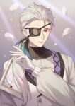  1boy dimitri_romanee eyepatch gloves grey_hair highres lapel_pin leaf light_rays long_sleeves looking_at_viewer male_focus puffy_long_sleeves puffy_sleeves red_eyes ro_esfera shirt smile solo upper_body visual_prison white_gloves white_hair white_shirt 