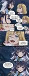  ... 2girls annoyed bangs blonde_hair blue_bow blue_eyes bow bow_earrings cuts deez_nuts_(meme) earrings english_commentary english_text fangs gardavwar highres hololive hololive_english injury jewelry meme multiple_girls necktie night night_sky one_eye_closed open_mouth ouro_kronii red_neckwear shaded_face short_hair short_necktie sky smile speech_bubble surprised virtual_youtuber watson_amelia 