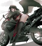  1girl absurdres ass bent_over black_hair black_legwear blue_archive breasts crop_top feathered_wings feathers ground_vehicle halo hanging_breasts hasumi_(blue_archive) highres large_breasts leaning_forward long_legs looking_at_viewer luna_nyann mole mole_under_eye motor_vehicle motorcycle red_eyes solo straddling thick_thighs thigh-highs thighs underboob wings 