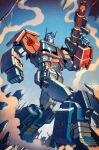  1boy autobot casey_w._coller clenched_hand collaboration comic_cover cover cover_page glowing glowing_eyes gun holding holding_gun holding_weapon insignia joana_lafuente looking_ahead mecha no_humans official_art optimus_prime science_fiction smoke solo textless the_transformers_(idw) transformers weapon 