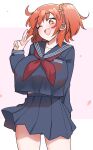  1girl ahoge akitokage01 bangs fate/grand_order fate_(series) fujimaru_ritsuka_(female) hair_ornament hair_scrunchie looking_at_viewer one_eye_closed one_side_up open_mouth orange_eyes orange_hair school_uniform scrunchie short_hair smile solo 