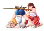  2girls aiming all_fours anh_thuy ass blonde_hair bloomers blue_eyes blush bob_cut bolt_action brown_hair buruma butt_crack darun_khanchanusthiti embarrassed flexible glasses gun gym_uniform heike_grislawski highres holding holding_gun holding_weapon jack-o&#039;_challenge kneeling long_hair loose_socks multiple_girls one_eye_closed open_mouth original pants red_pants rifle scope shiny shiny_hair shiny_skin shoes short_hair shy smile sneakers sniper_rifle sniper_scope socks spread_legs stretch sweat tank_top thighs track_pants underwear violet_eyes weapon white_background wide_spread_legs 