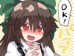  1girl :d blouse blush bow brown_hair collared_blouse green_bow hair_bow hammer_(sunset_beach) interlocked_fingers long_hair open_mouth own_hands_clasped own_hands_together puffy_sleeves red_eyes reiuji_utsuho smile solo touhou translation_request white_blouse yellow_background 