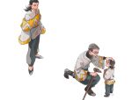  2boys age_comparison black_footwear black_hair black_pants book cane glasses grey_hair guan_xuan_(the_legend_of_luoxiaohei) highres long_hair long_sleeves multiple_boys multiple_views otjmohu pan_jing_(the_legend_of_luoxiaohei) pants pointy_ears shoes short_hair simple_background the_legend_of_luo_xiaohei white_background wide_sleeves 