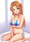  1girl barefoot bikini blue_bikini blue_eyes breasts collarbone eyebrows_visible_through_hair idolmaster idolmaster_cinderella_girls legs long_hair looking_at_viewer matsumoto_sarina medium_breasts navel open_mouth orange_hair side-tie_bikini sitting smile solo swimsuit thighs tomajiyama 