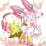  :&gt; :d blue_eyes blush_stickers bow closed_eyes closed_mouth commentary_request eldegoss fang heart highres looking_at_viewer open_mouth pink_bow pokemon pokemon_(game) pokemon_unite smile standing surumeika_(ninfiiiir) sylveon toes tongue 