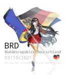  1girl absurdres black_footwear black_hair black_jacket blue_eyes commentary_request dated european_union_flag eyebrows_visible_through_hair flag full_body german_flag german_text germany highres holding holding_flag jacket long_hair looking_at_viewer multicolored_hair necktie open_clothes open_jacket open_mouth original personification phonetik red_neckwear red_skirt shirt shoes skirt solo standing standing_on_one_leg thigh-highs white_shirt yellow_legwear 