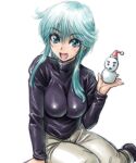  1girl amania_orz blue_eyes blue_hair breasts jigoku_sensei_nube large_breasts long_hair looking_at_viewer open_mouth simple_background smile snowman solo turtleneck turtleneck_sweater white_background yukime_(jigoku_sensei_nube) 
