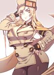  1girl absurdly_long_hair arm_scarf arm_up artist_name bangs blonde_hair blue_eyes breasts brown_coat buttons carcass_(artist) coat curvy eyebrows_visible_through_hair fingerless_gloves fur_hat gloves guilty_gear guilty_gear_strive hand_in_hair hand_on_hip hat highres large_breasts leggings long_hair looking_at_viewer millia_rage pantyhose pose seductive_smile simple_background smile solo standing ushanka very_long_hair white_background wide_hips 