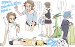  2boys arm_support barefoot brendan_(pokemon) commentary_request electric_fan flygon flying_sweatdrops food grey_hair grey_shirt holding holding_stick jacket jewelry male_focus multiple_boys pikachu pokemon pokemon_(game) pokemon_oras popsicle ring shirt short_hair shorts sitting sleeveless sleeveless_shirt soles speech_bubble standing steven_stone stick t-shirt toes translation_request white_shirt xichii 