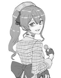  1girl bangs beret bow cody&#039;s_art english_commentary eyebrows_visible_through_hair from_behind gloves greyscale hair_between_eyes hat holding holding_microphone hololive hoshimachi_suisei microphone monochrome open_mouth partially_fingerless_gloves plaid plaid_headwear plaid_skirt side_ponytail skirt smile solo virtual_youtuber white_background 