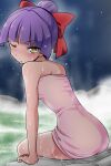  1girl bow breasts closed_mouth eyebrows_visible_through_hair gegege_no_kitarou hair_bow kayama_kenji looking_at_viewer nekomusume nekomusume_(gegege_no_kitarou_6) one_eye_closed purple_hair red_bow short_hair solo sweat towel yellow_eyes 