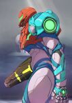  1girl arm_cannon cowboy_shot from_side helmet highres lights metroid metroid_dread open_hand power_armor samus_aran simple_background solo sun_tue weapon white_armor 